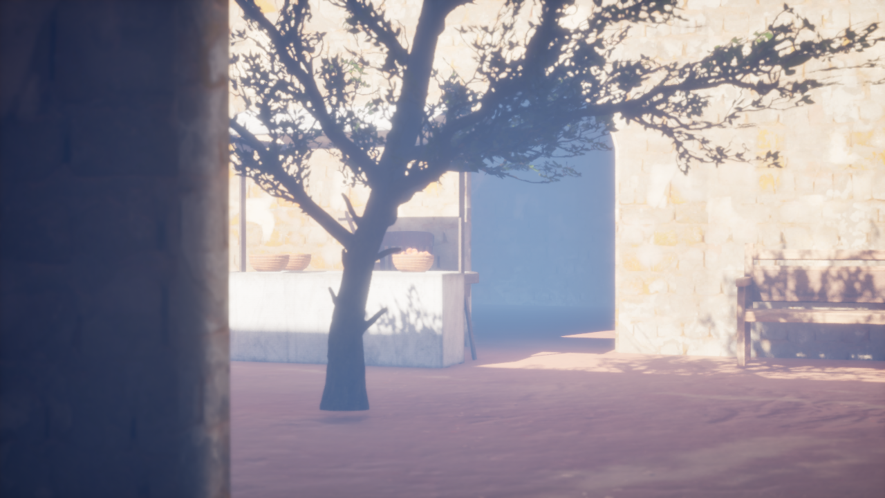 Sandstone courtyard — single tree, blue door, dusty red-orange ground